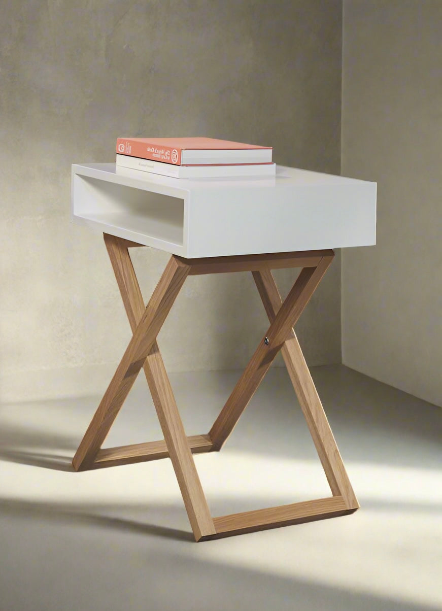 Cross Leg Bedside Table White With Natural Wood | Contemporary White Bedside Table with Wooden Cross-Leg Design and Open Storage