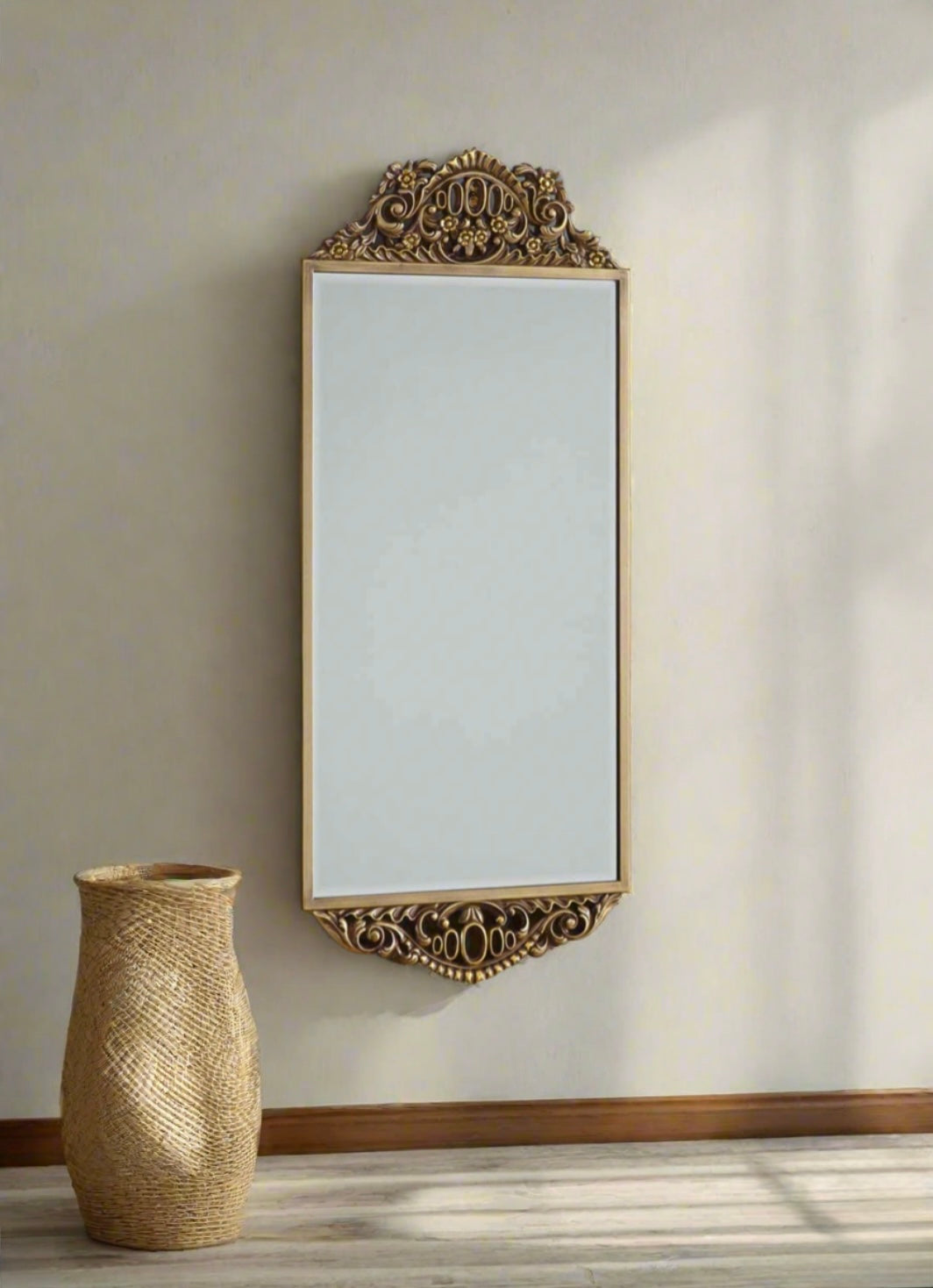 Vintage Gold Ornate Wall Mirror – Rectangular Decorative Mirror for Classic Home Decor | Timeless Elegance in Premium Teakwood