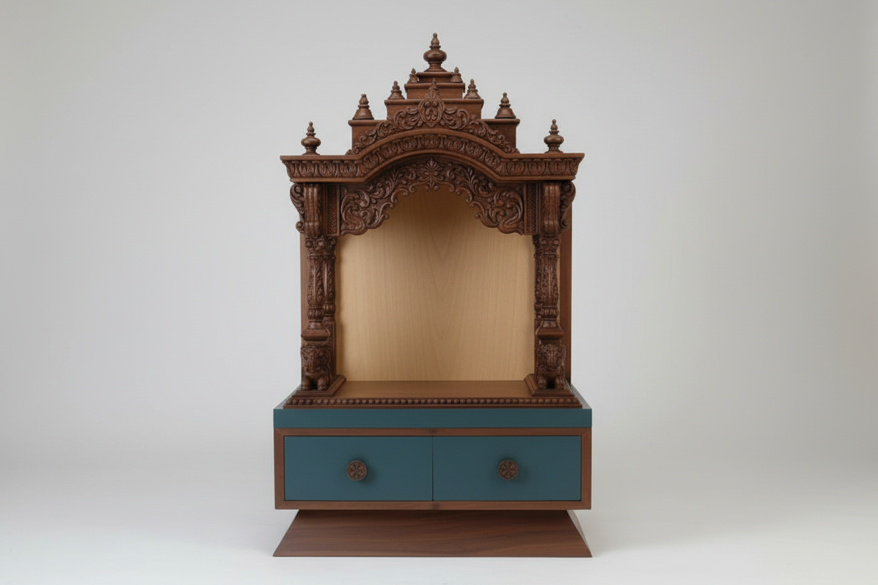 Carved wooden pooja mandir for home prayer room with drawers for pooja essentials