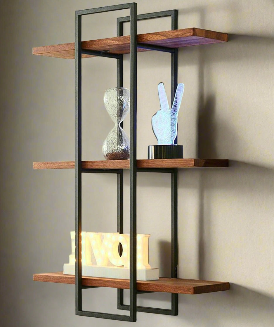 Modern Industrial Wall Shelf with Wood and Metal Frame - Decorative Storage Unit