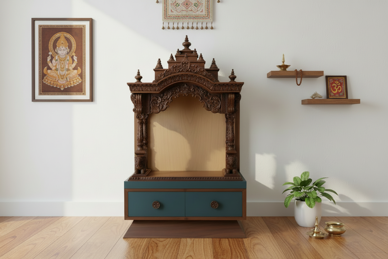 Wooden temple with blue base in a room with decor elements