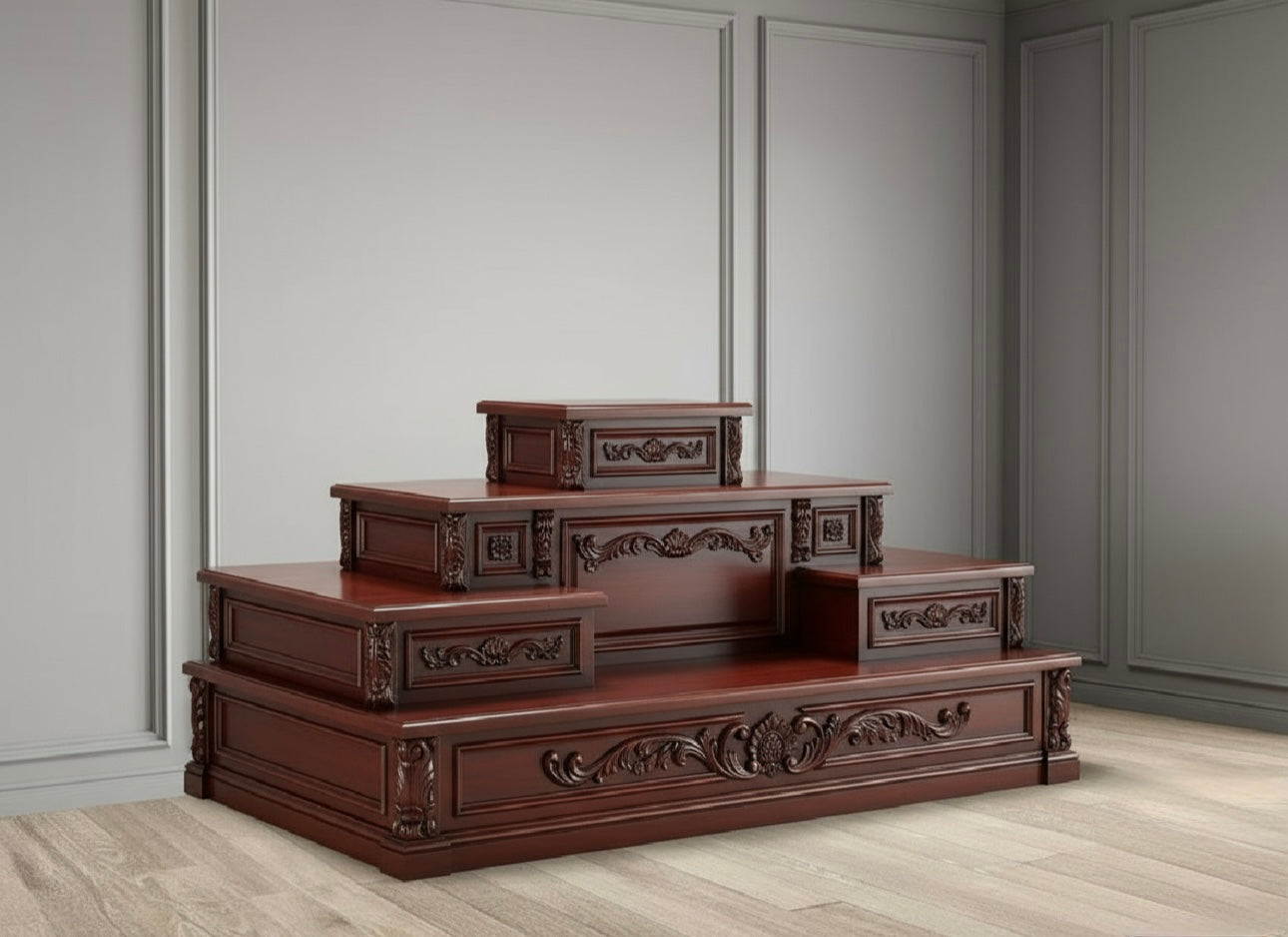 Elegant handcrafted teakwood mandir base showing layered design and detailed wood carving craftsmanship.