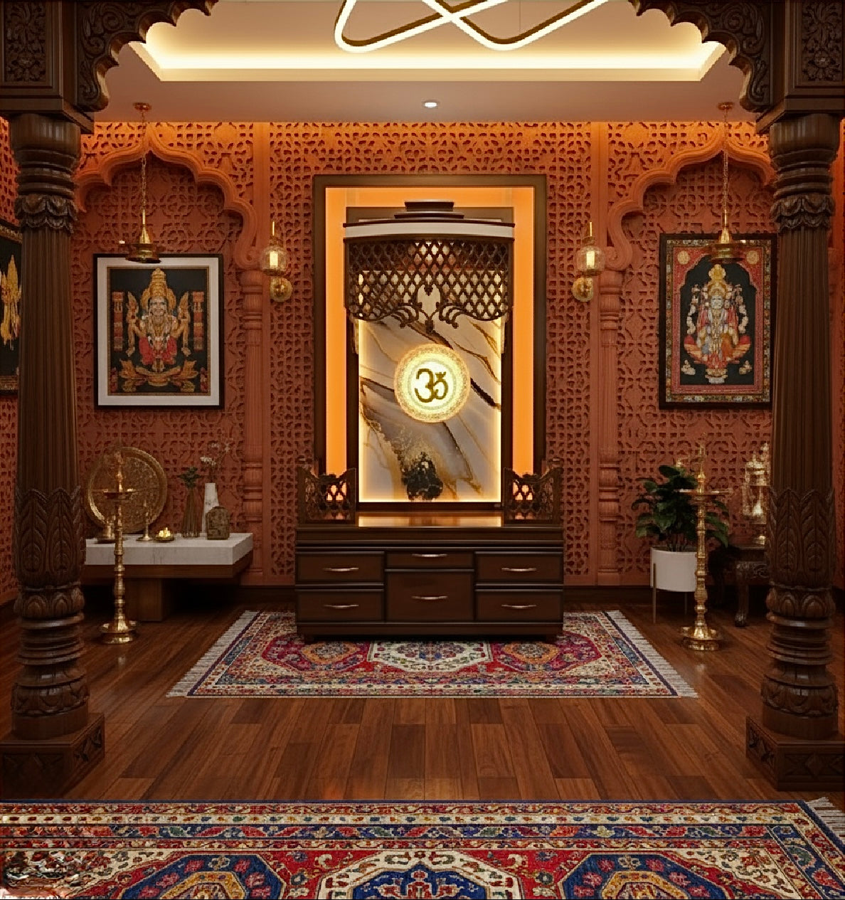 Premium teakwood temple with backlit OM symbol and smooth polished drawers for pooja essentials