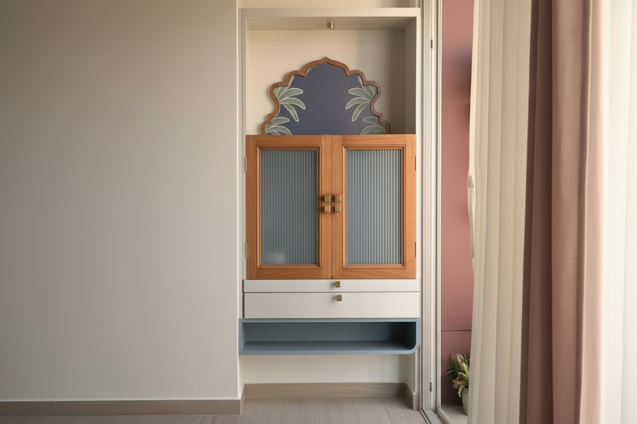 Modern Wall Mounted Wooden Pooja Mandir with Jaali Doors | Home Temple Design