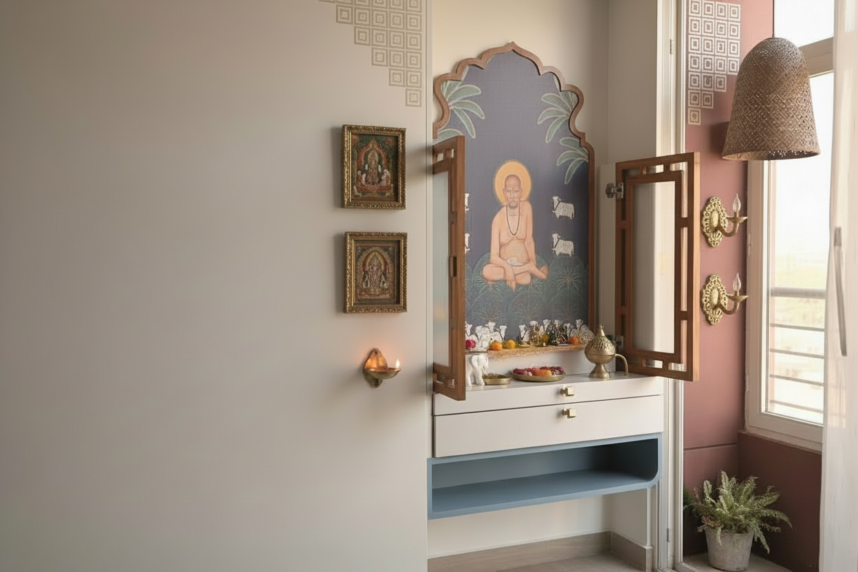 Modern Wall Mounted Wooden Pooja Mandir with Jaali Doors | Home Temple Design