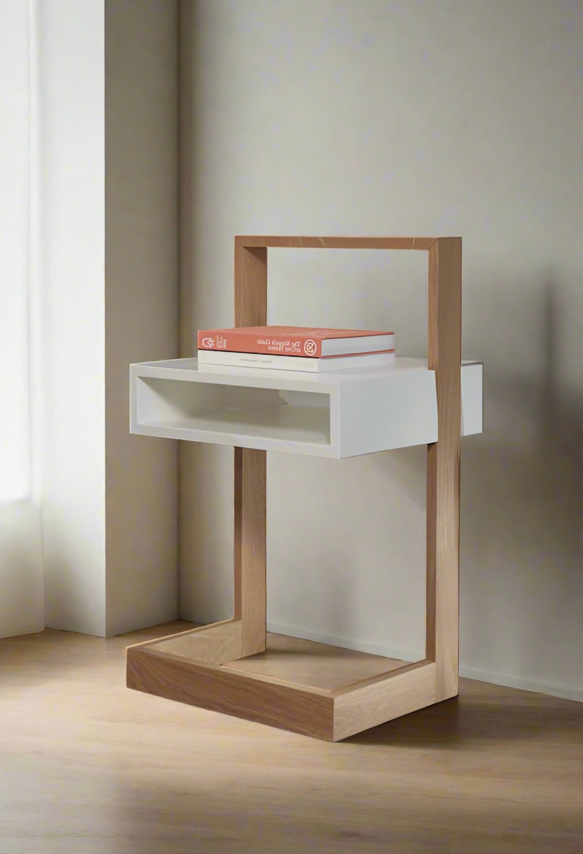 Bedside Table White With Natural Wood | Modern Minimalist Wooden Bedside Table with Open Storage Drawer