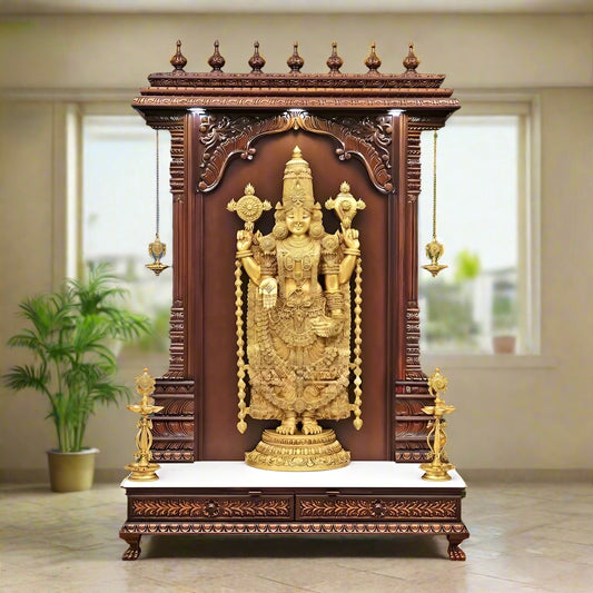 Premium wooden home temple with intricately carved frame, golden deity idol, and brass hanging lamps – ideal for traditional pooja room interiors