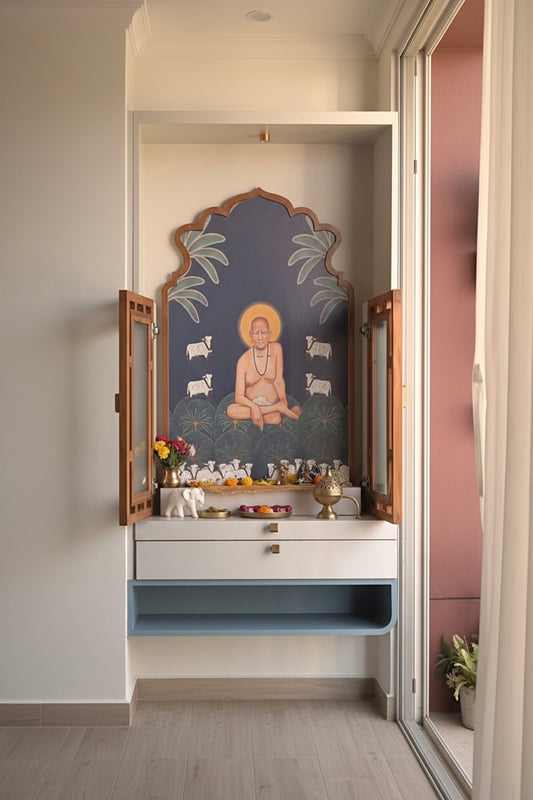 Modern Wall Mounted Wooden Pooja Mandir with Jaali Doors | Home Temple Design