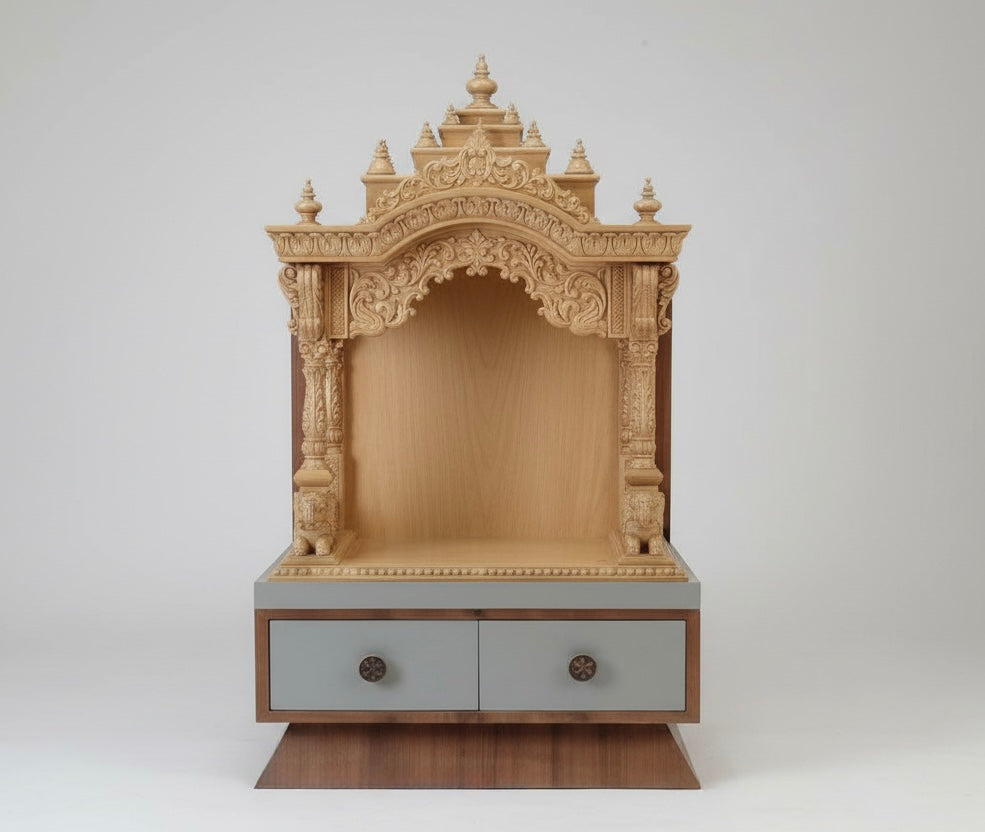 Wooden Pooja ghar with cabinet with ornate design on a white background