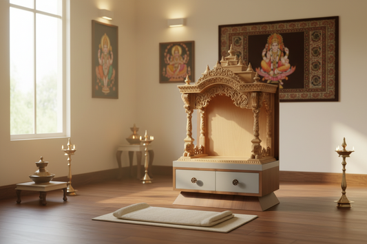 Pooja room with an ornate wooden altar, candles, and religious paintings on the wall.