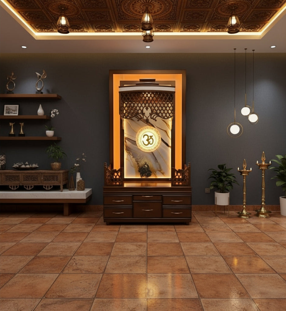 Elegant pooja mandir for living room featuring golden lighting and traditional jaali work