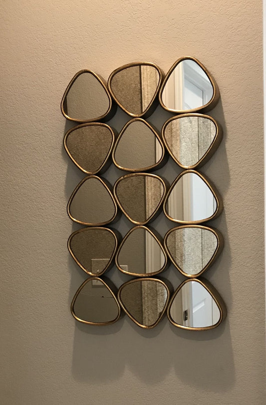 Wall mounted modern geometric mirror with gold triangular frames, decorative home accent