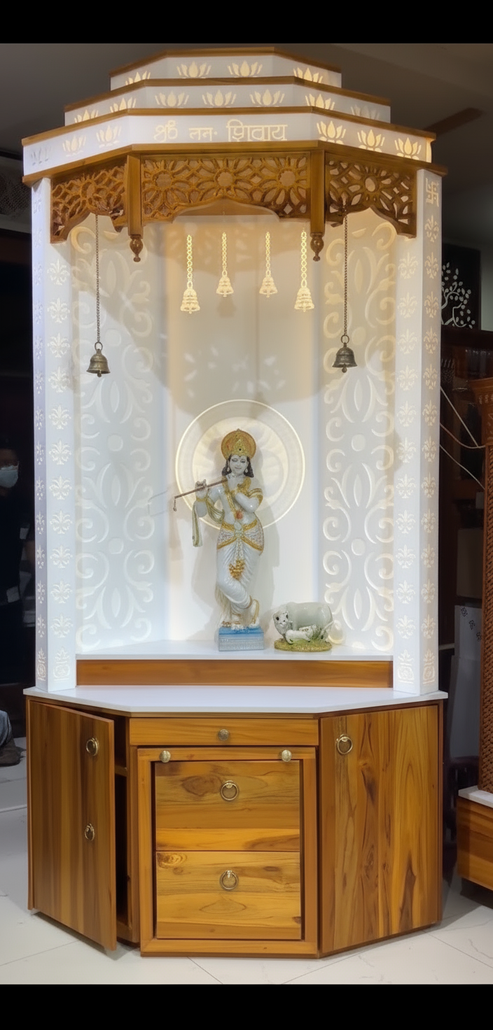 Modern home temple in teak wood featuring Corian backlit panel, drawers, and brass bells for traditional yet contemporary style.