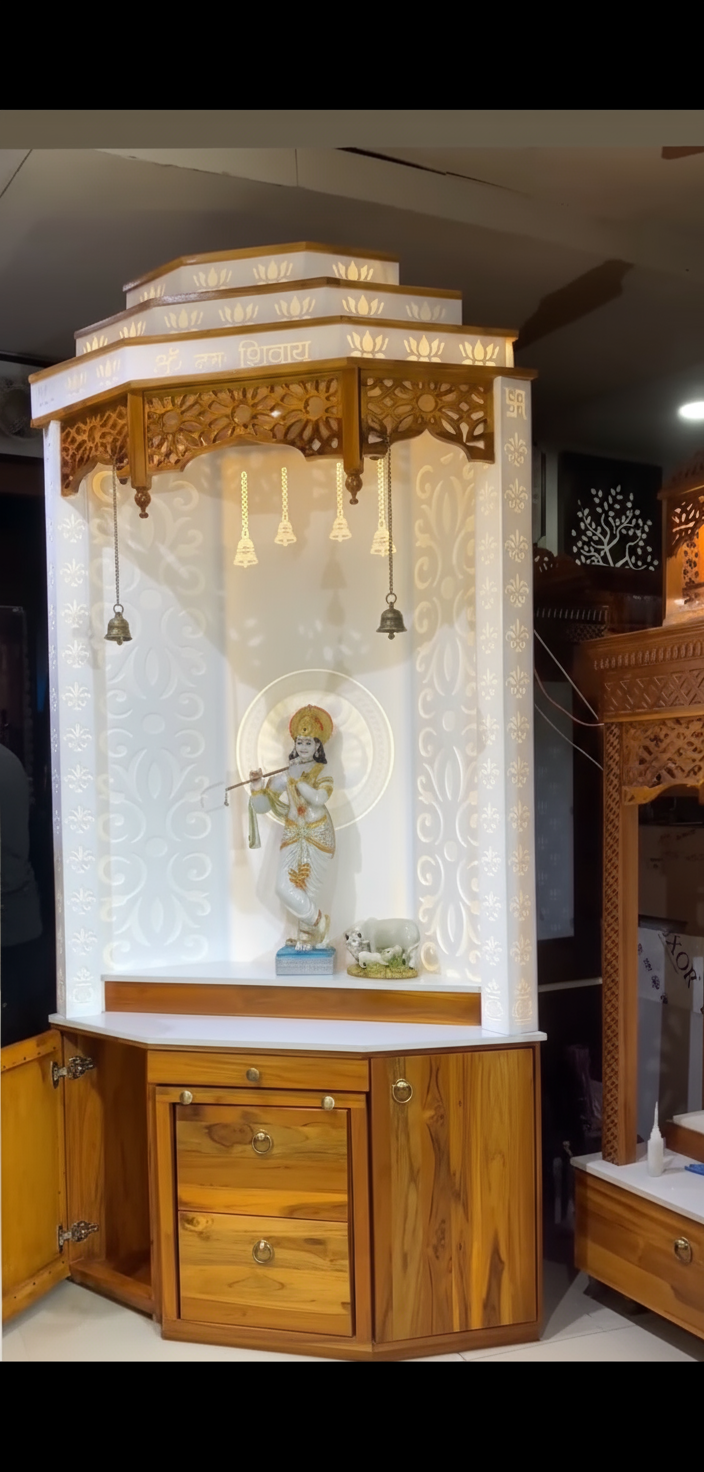 Elegant wooden pooja mandir with Corian backlit panel, LED lighting, and modern temple design for luxury Indian homes.