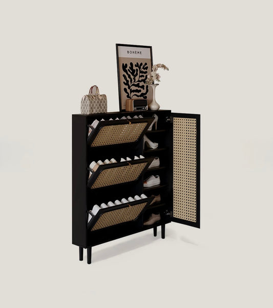 Modern black wooden shoe rack cabinet with natural cane front panels and multiple storage compartments.