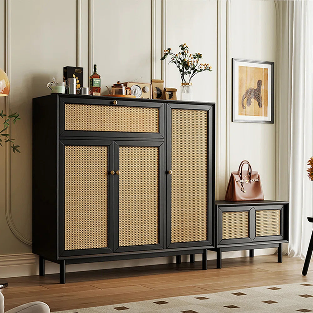 Modern Rattan Shoe Cabinet with Drawer – Wooden Cane Shoe Storage for Entryway, Hallway, or Foyer (Black/Walnut Finish)