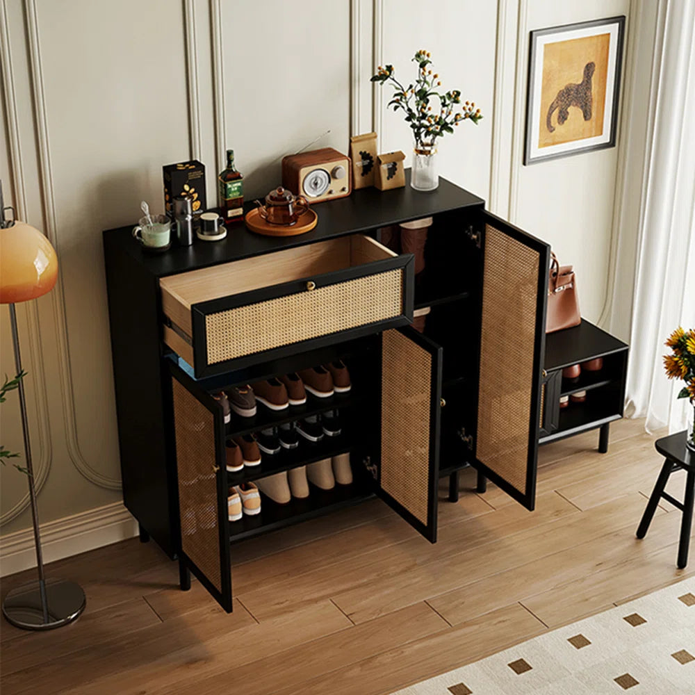 Modern Rattan Shoe Cabinet with Drawer – Wooden Cane Shoe Storage for Entryway, Hallway, or Foyer (Black/Walnut Finish)