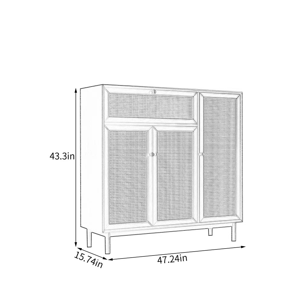 Modern Rattan Shoe Cabinet with Drawer – Wooden Cane Shoe Storage for Entryway, Hallway, or Foyer (Black/Walnut Finish)