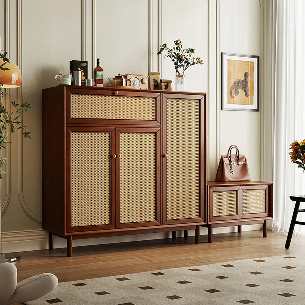 Modern Rattan Shoe Cabinet with Drawer – Wooden Cane Shoe Storage for Entryway, Hallway, or Foyer (Black/Walnut Finish)