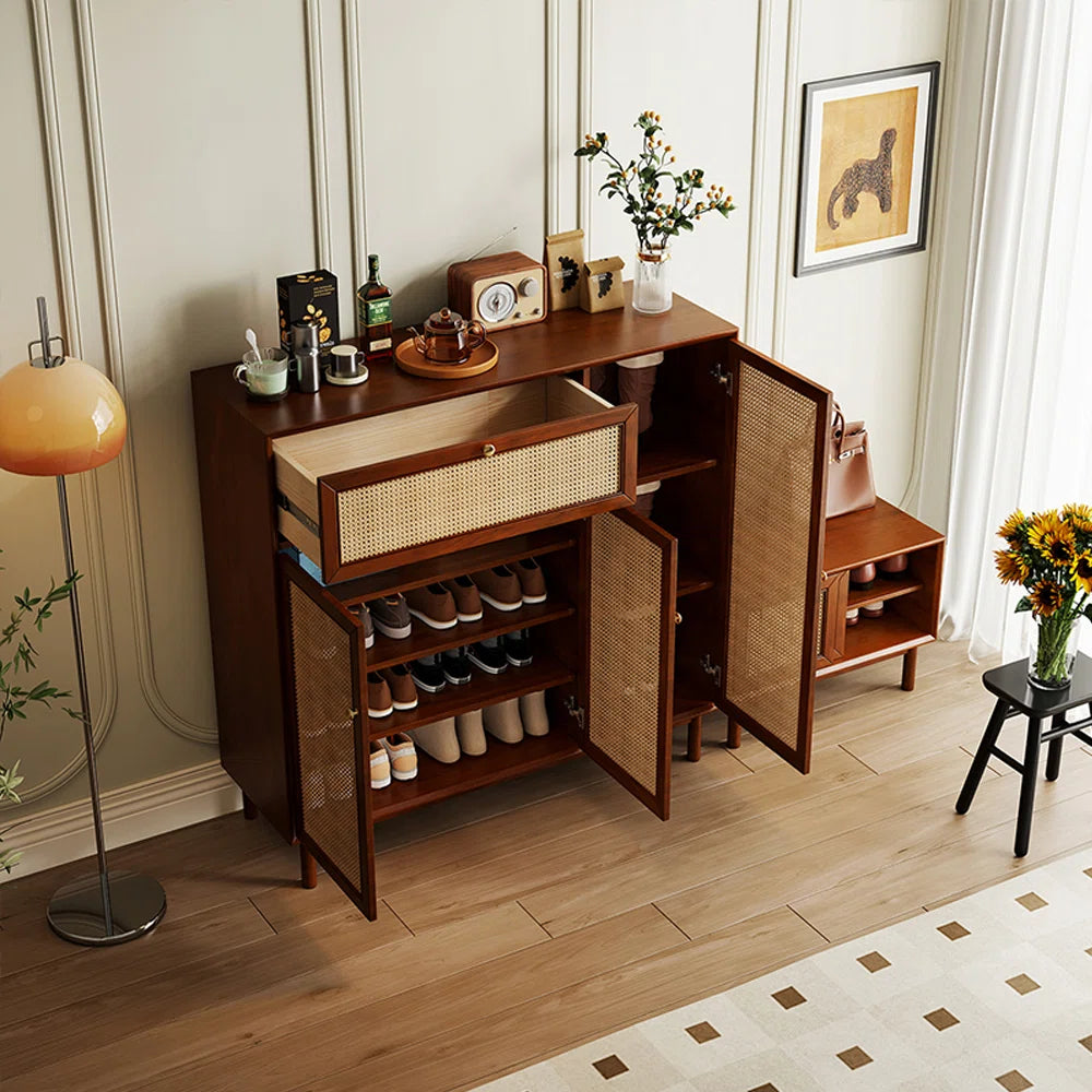 Modern Rattan Shoe Cabinet with Drawer – Wooden Cane Shoe Storage for Entryway, Hallway, or Foyer (Black/Walnut Finish)