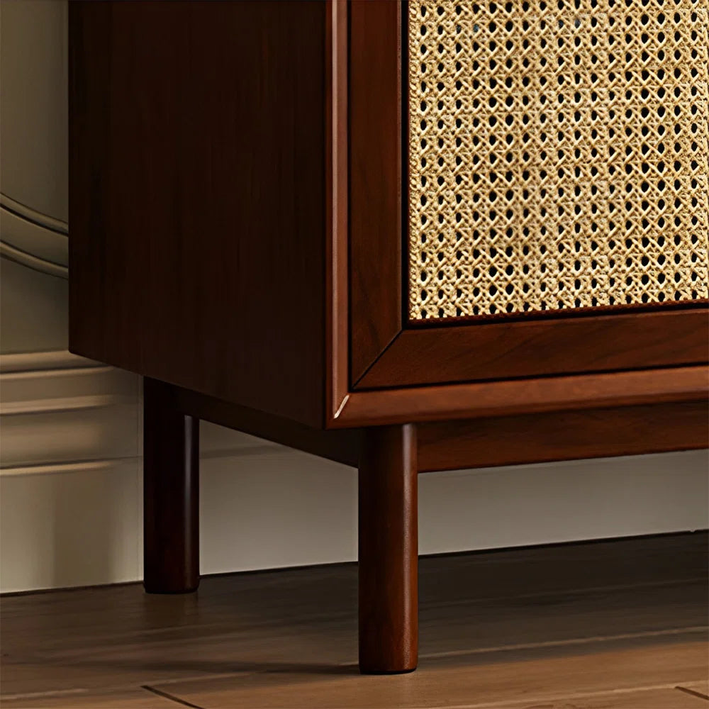 Modern Rattan Shoe Cabinet with Drawer – Wooden Cane Shoe Storage for Entryway, Hallway, or Foyer (Black/Walnut Finish)