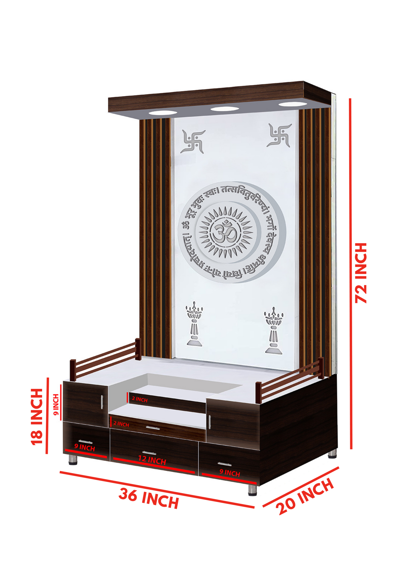 Modern Wooden Pooja Mandir for Home with LED Backlight | Designer Temple with Storage Drawers | OM 3-D Panel Design Mandap