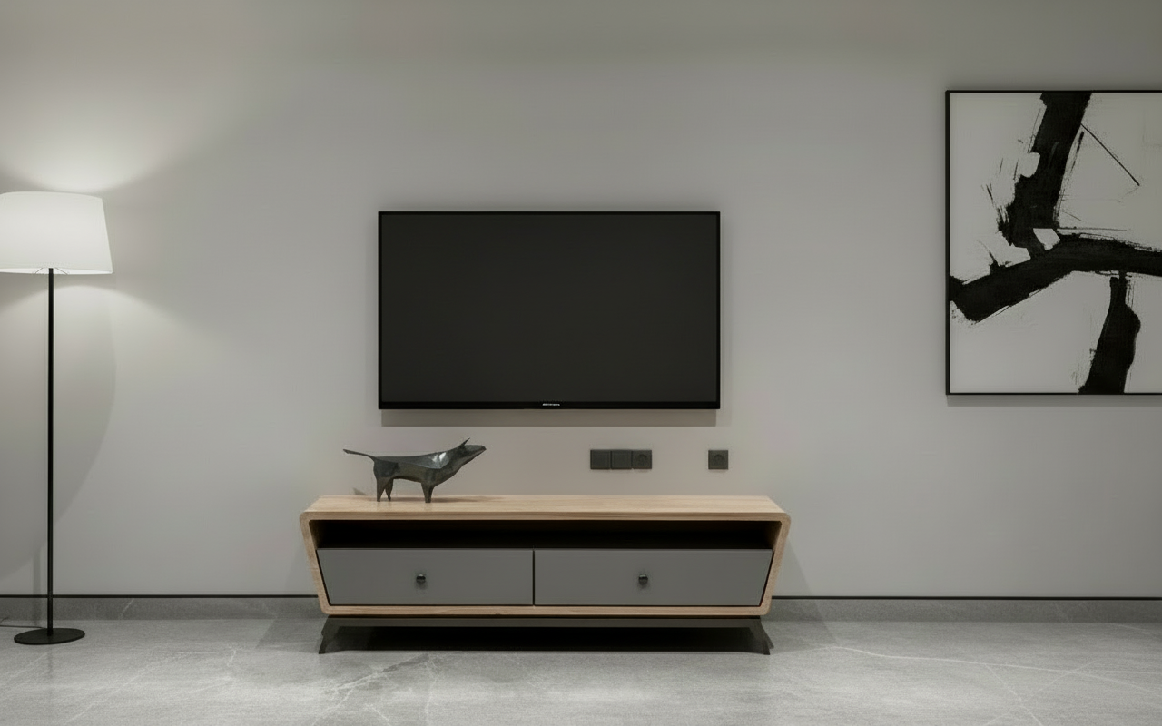 Minimalist TV unit with natural wood frame and grey storage drawers.