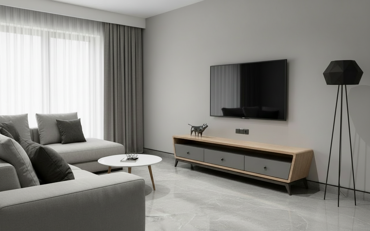 Modern living room setup with wooden TV console and decorative sculpture.