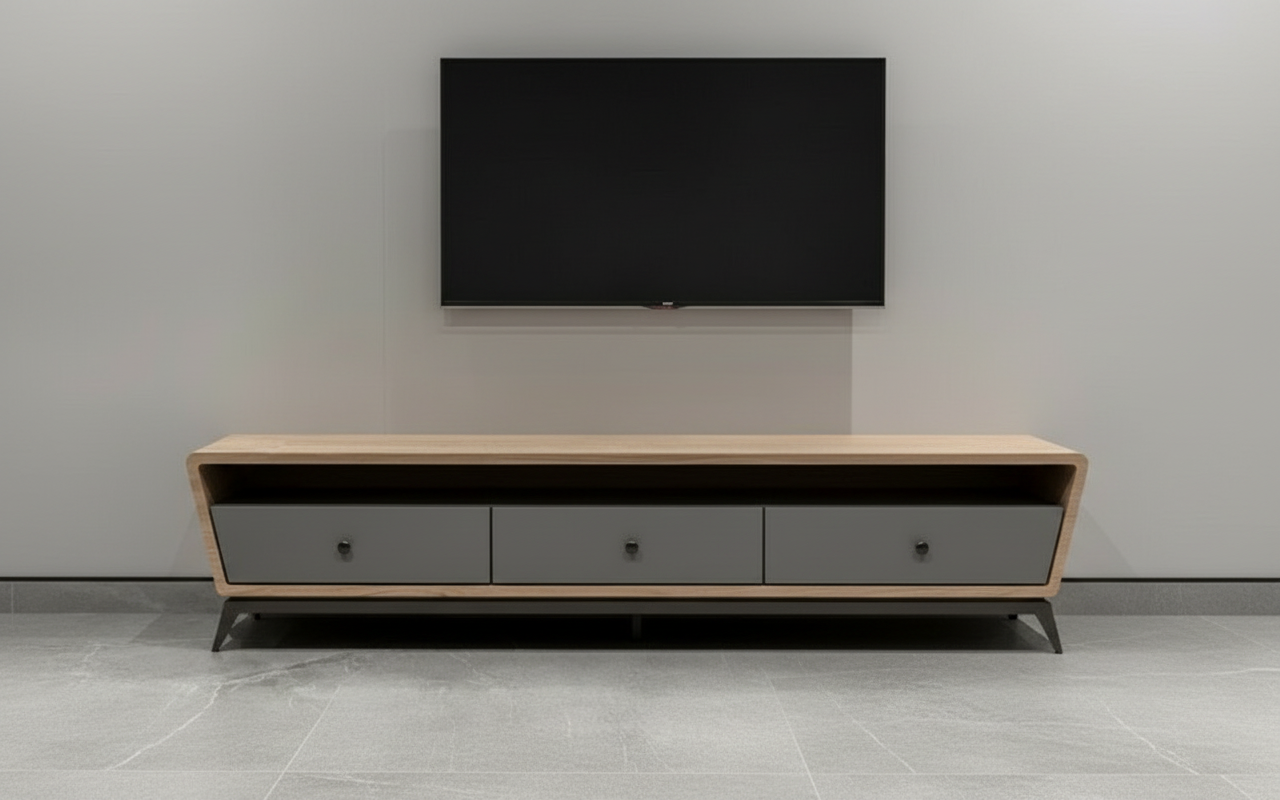 Contemporary entertainment unit with wooden top and grey drawers in modern living room.