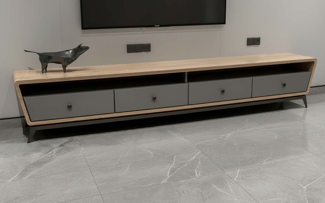 Modern living room TV cabinet with natural wood top and elegant grey drawers.