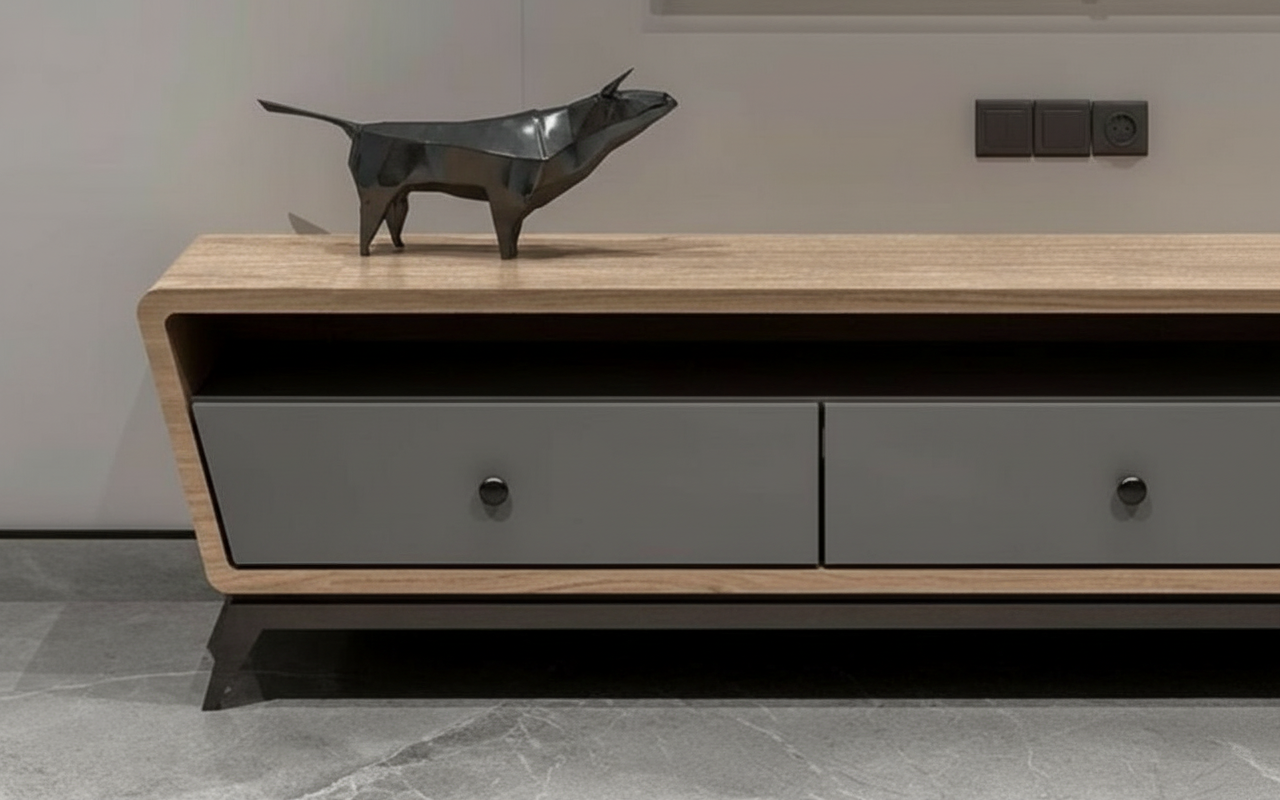 Designer TV stand in light wood and grey finish for modern interiors.