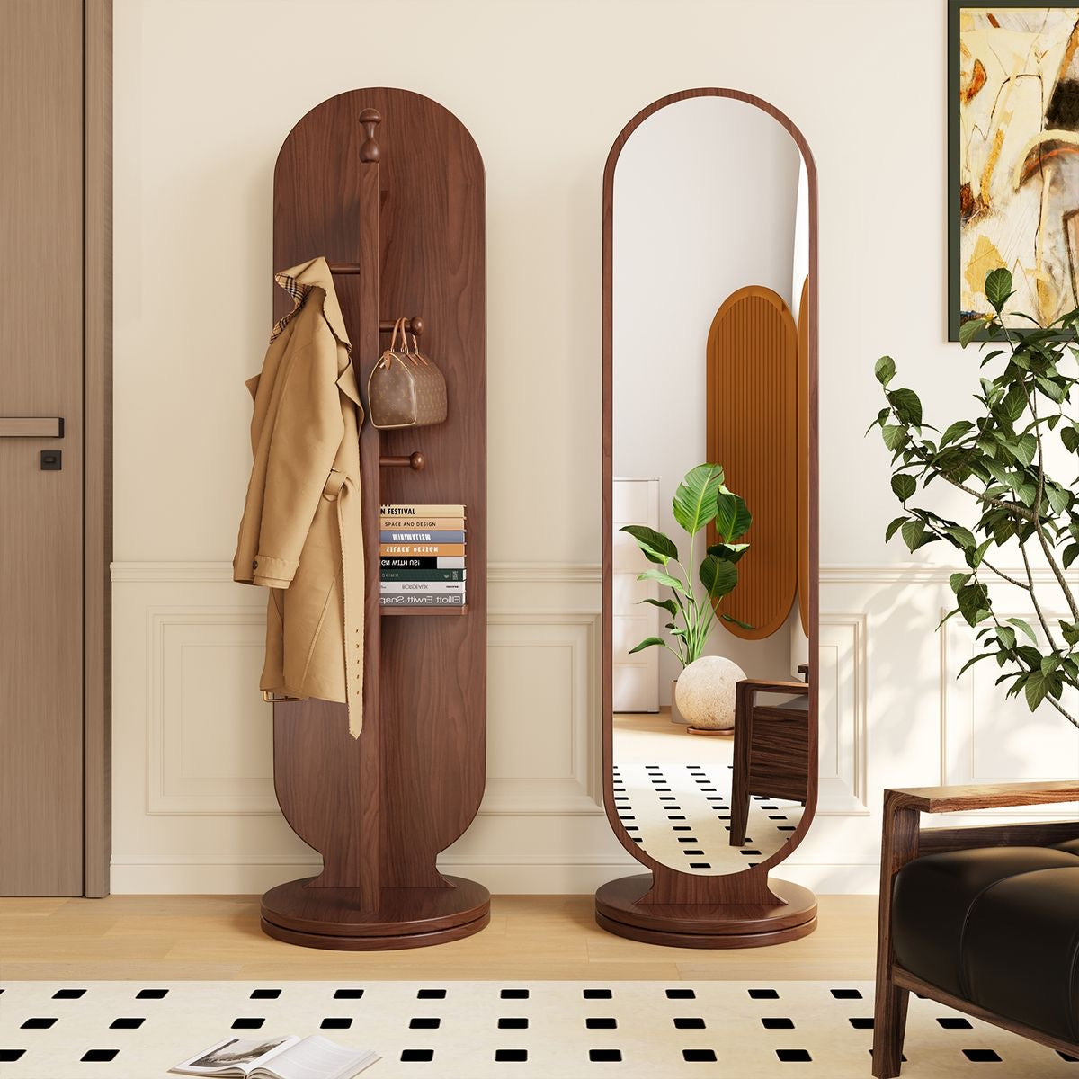 Walnut wooden arched full-length standing mirror with 360-degree rotating design and multifunctional coat rack and bookshelf storage.