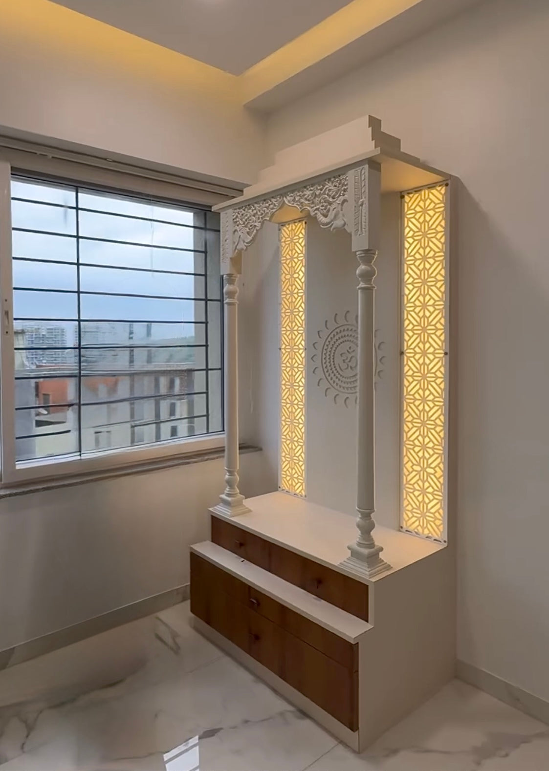 Elegant wooden Pooja Mandir with LED lighting, spacious drawers, and intricate side panel design