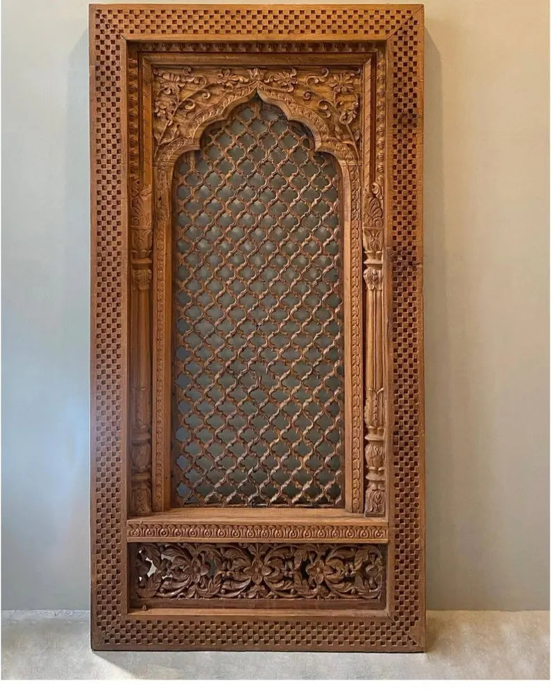 Handcrafted wooden Jharokha wall frame with intricate floral and lattice carving.