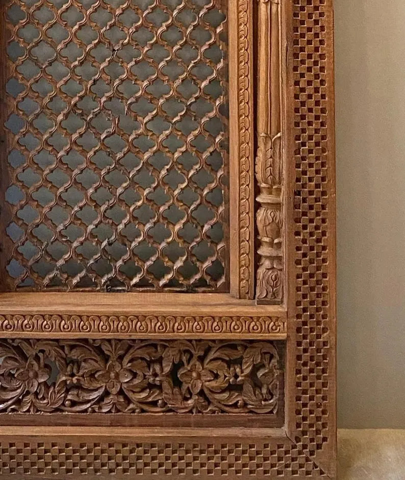 Traditional Rajasthani wooden Jharokha for home décor and temple backdrop.