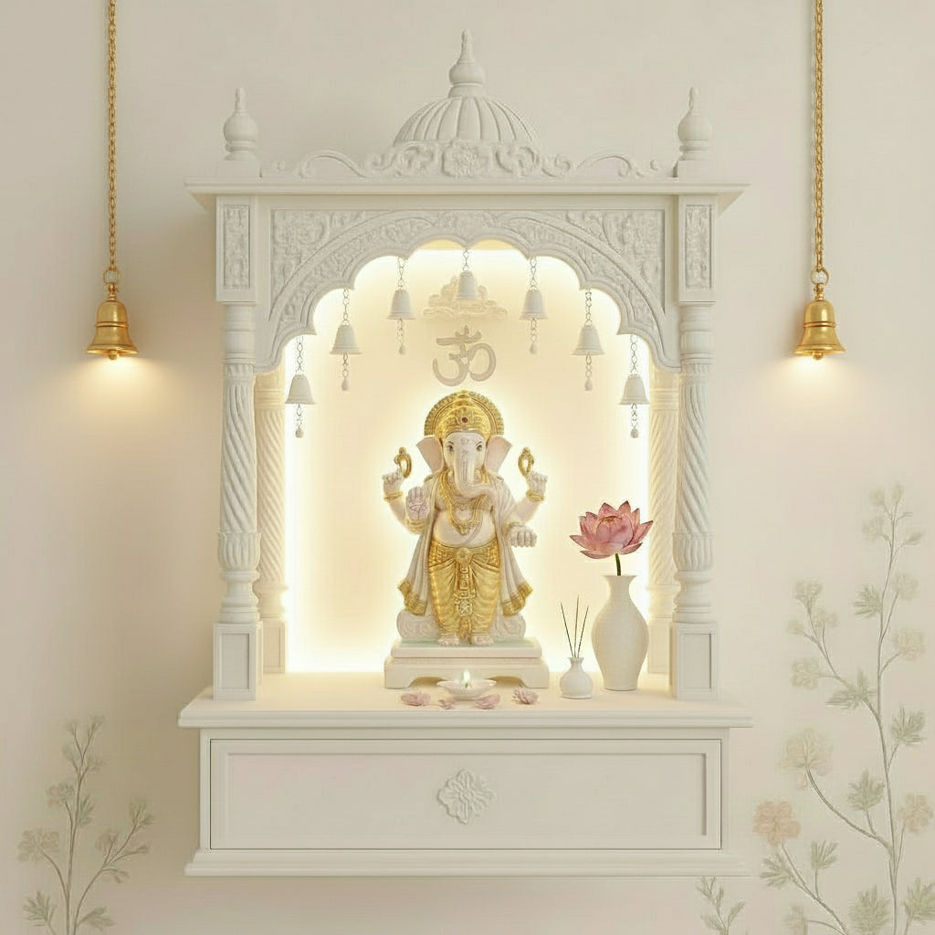 White wooden wall-mounted pooja mandir with LED backlight and Ganesh idol