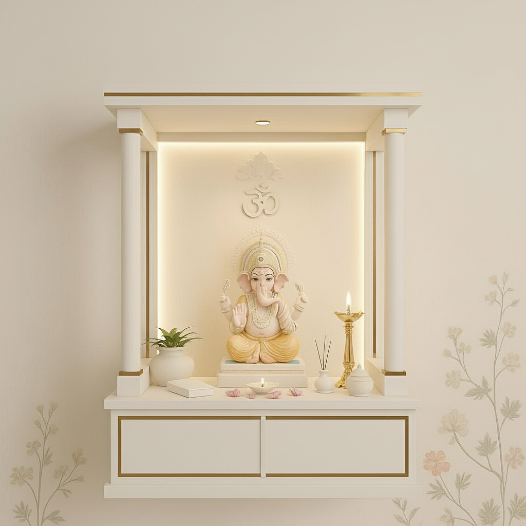 Compact wall-mounted temple for apartment with Ganesh statue and om symbol