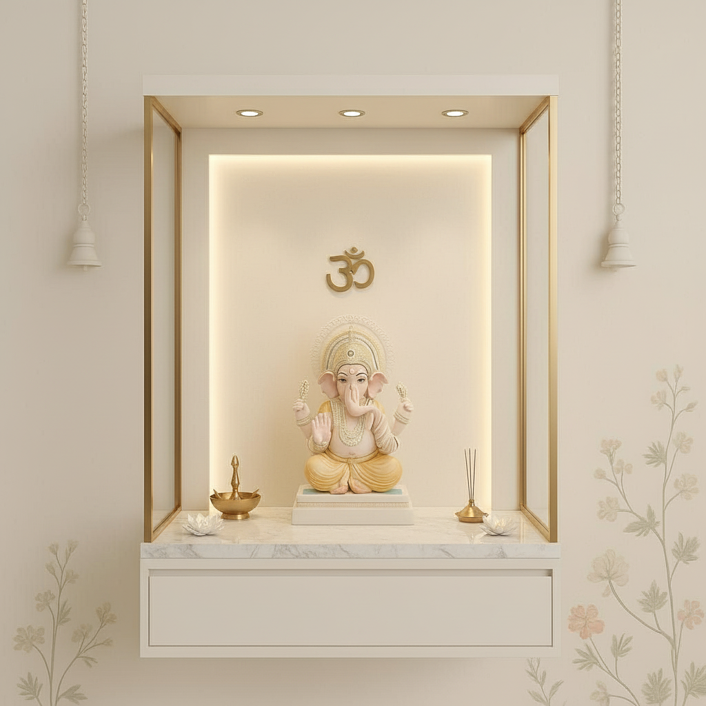 Luxury wooden temple for home with LED light and modern minimal design