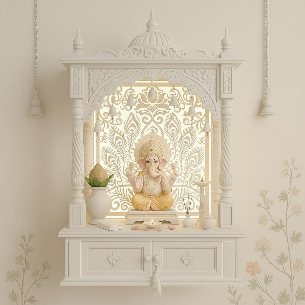 Modern white wooden temple for home with carved pillars and dome design