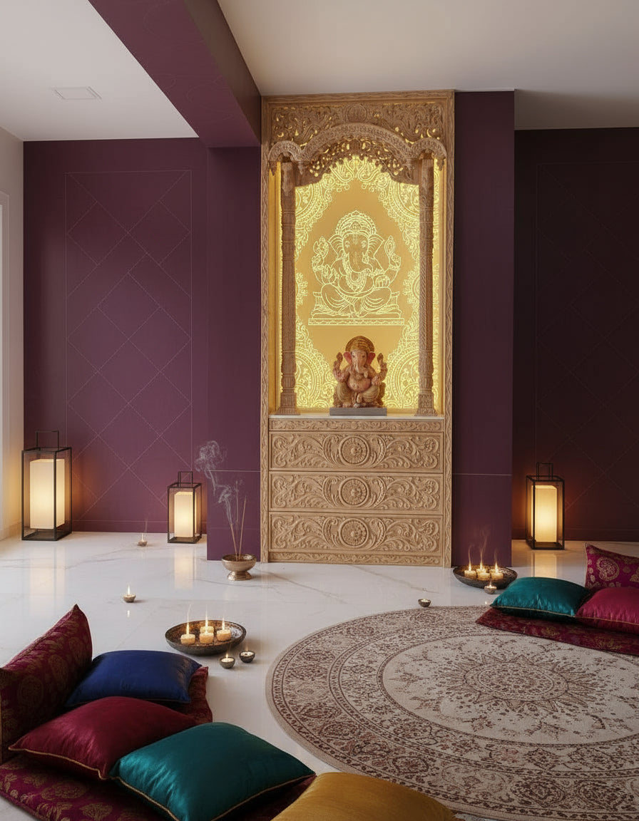 Handcrafted Wooden Temple with Backlit Corian Om Panel for Home Temple Decor | Perfect for Home Interiors