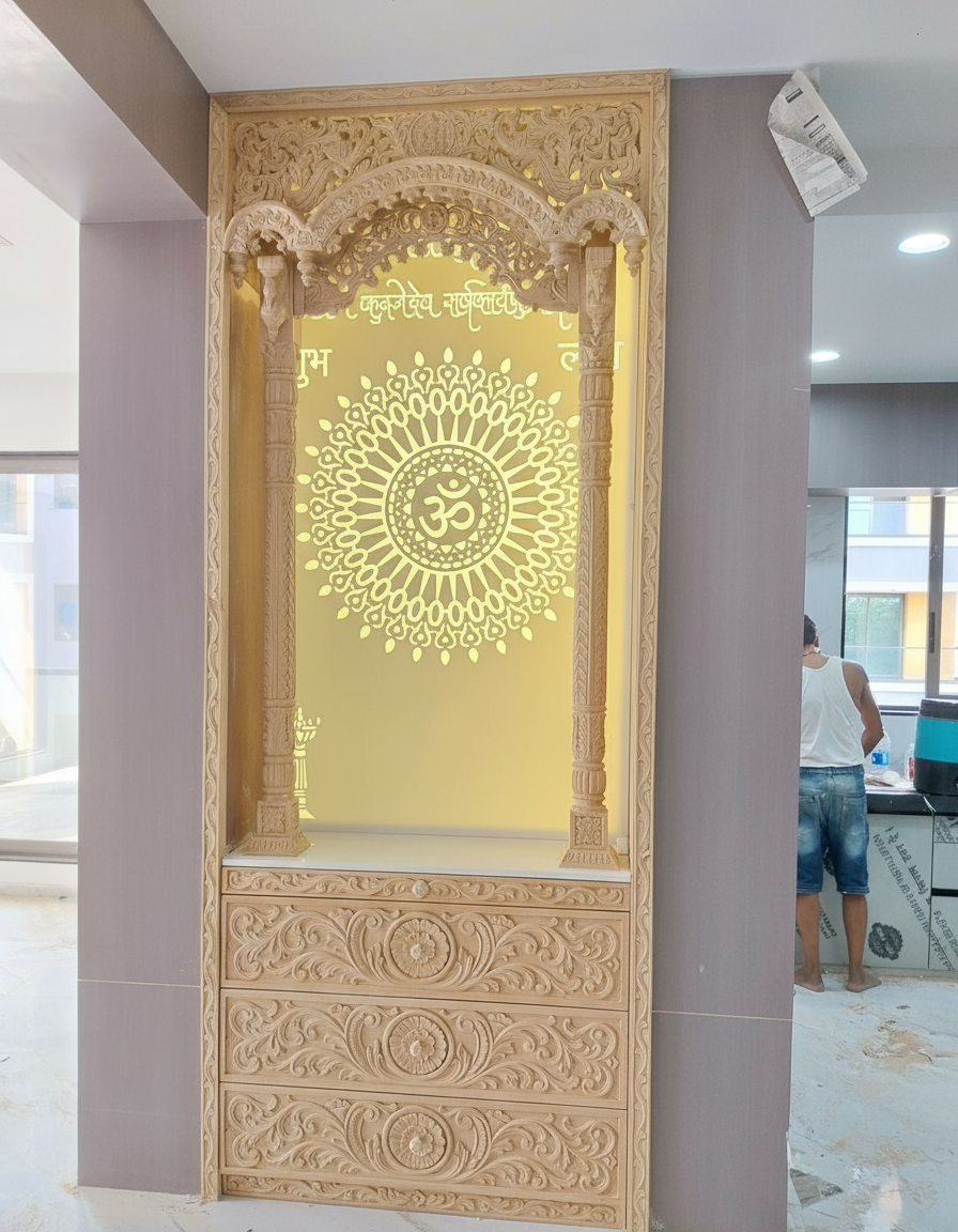Handcrafted wooden pooja mandir with LED backlit Corian Om panel and carved pillars