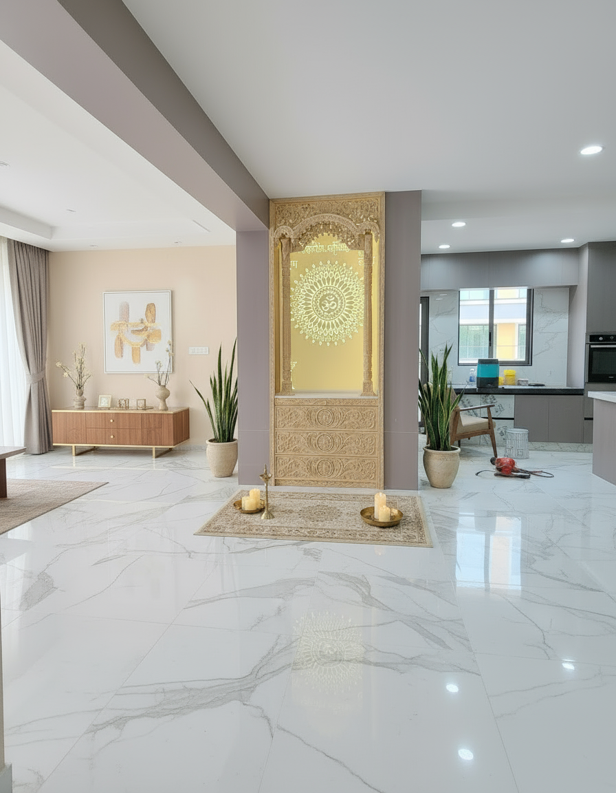 Modern wooden home temple with detailed hand carving and illuminated Om backdrop