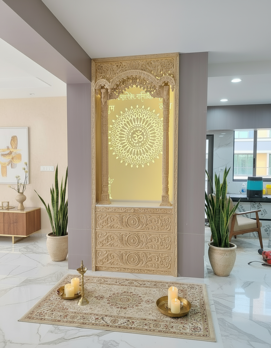 Luxury wooden temple design with glowing Om symbol and floral carvings for home décor
