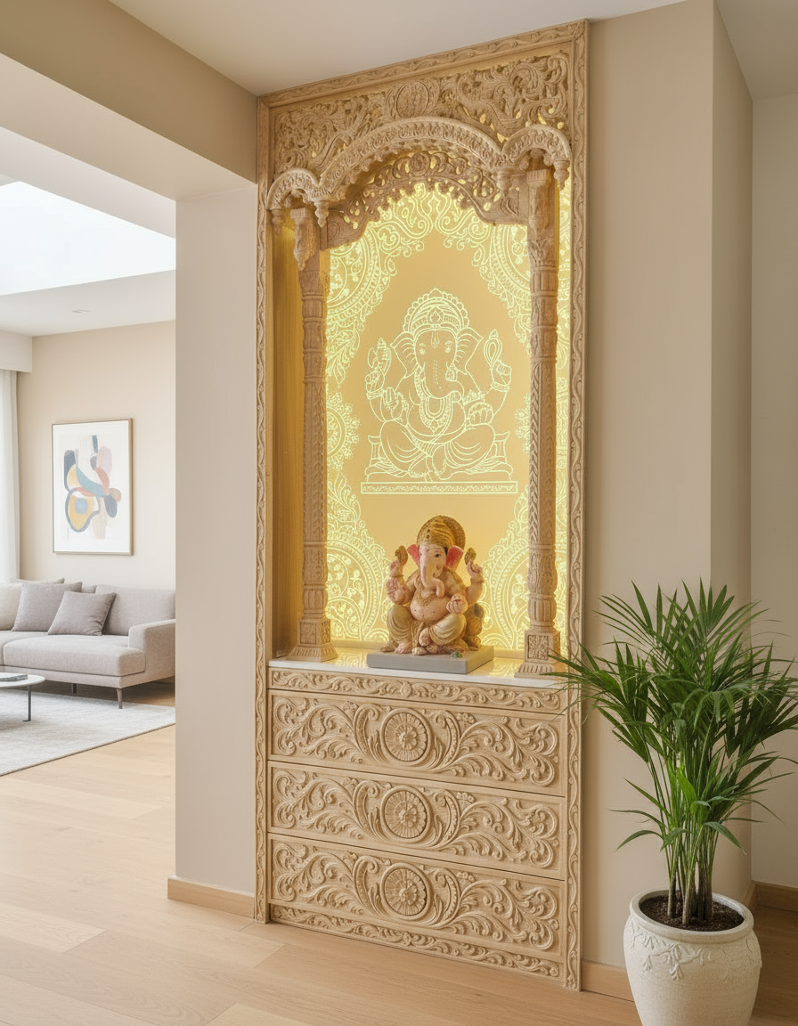 Handcrafted Wooden Temple with Backlit Corian Om Panel for Home Temple Decor | Perfect for Home Interiors