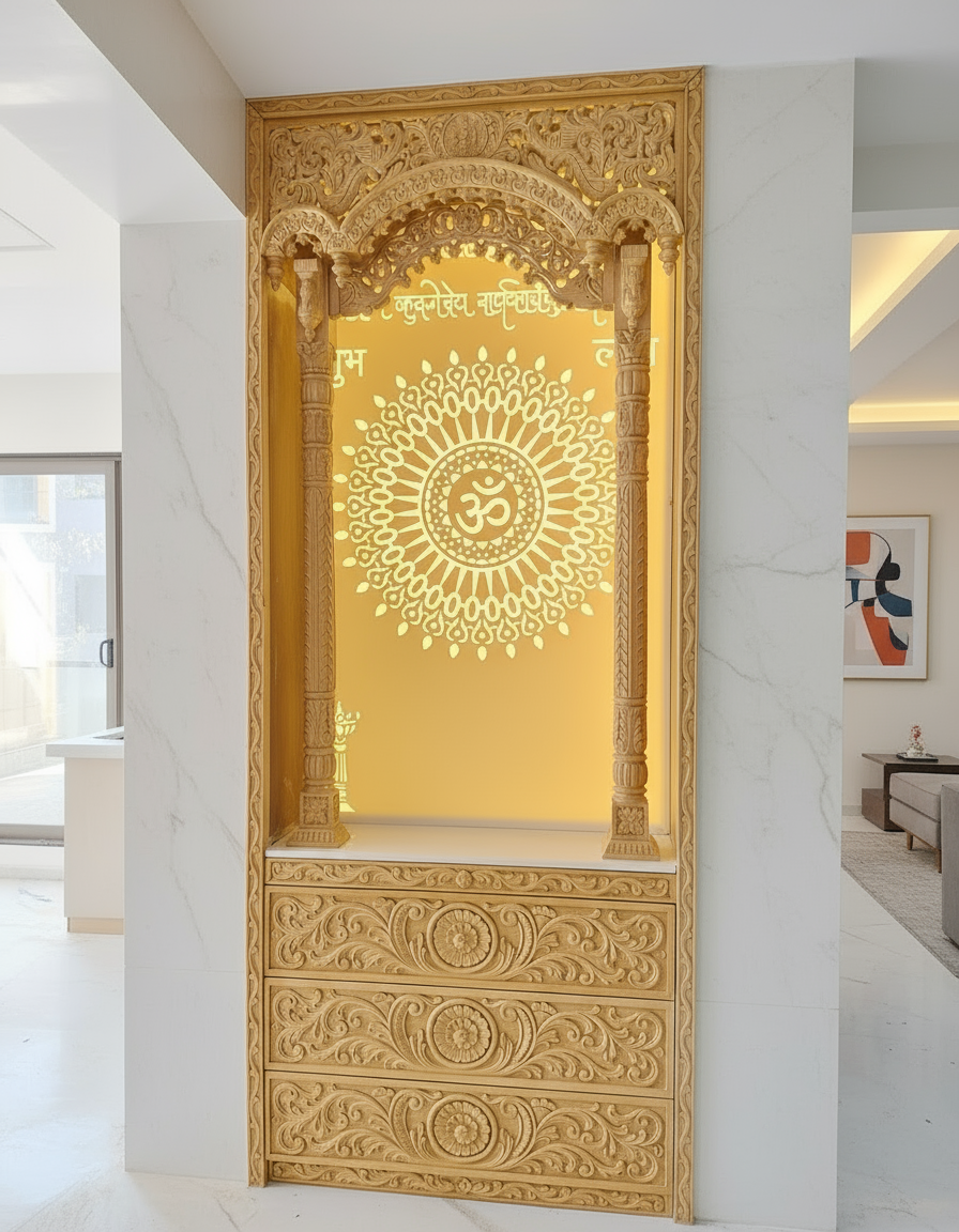 Elegant wooden mandir with LED Om panel and traditional column design for home interiors