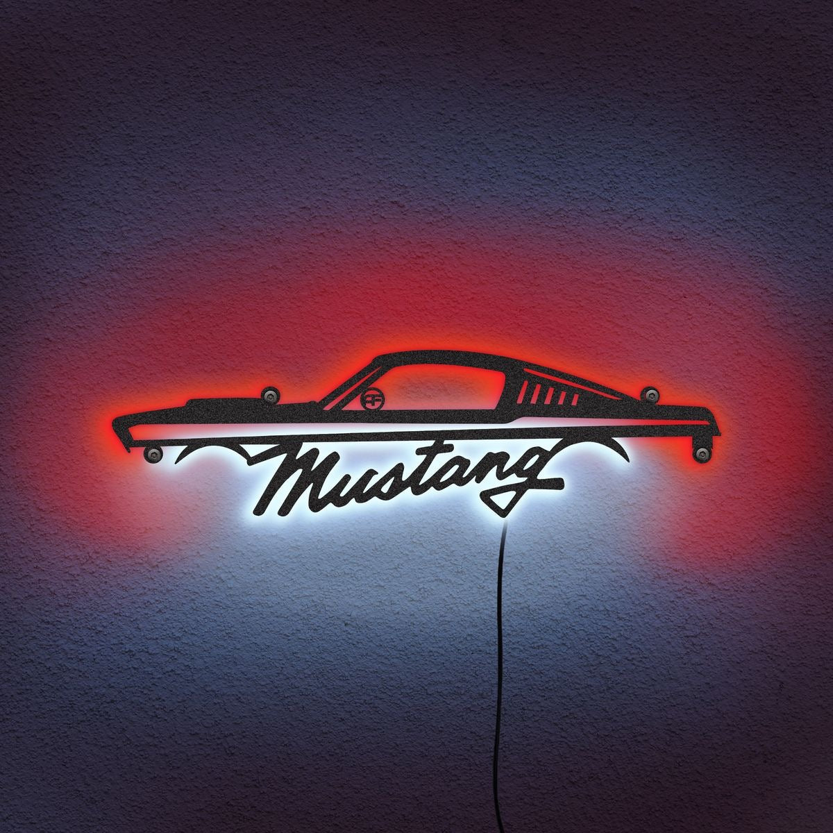 Mustang metal wall art with red and white LED backlight, classic car silhouette wall decor for garage or man cave.