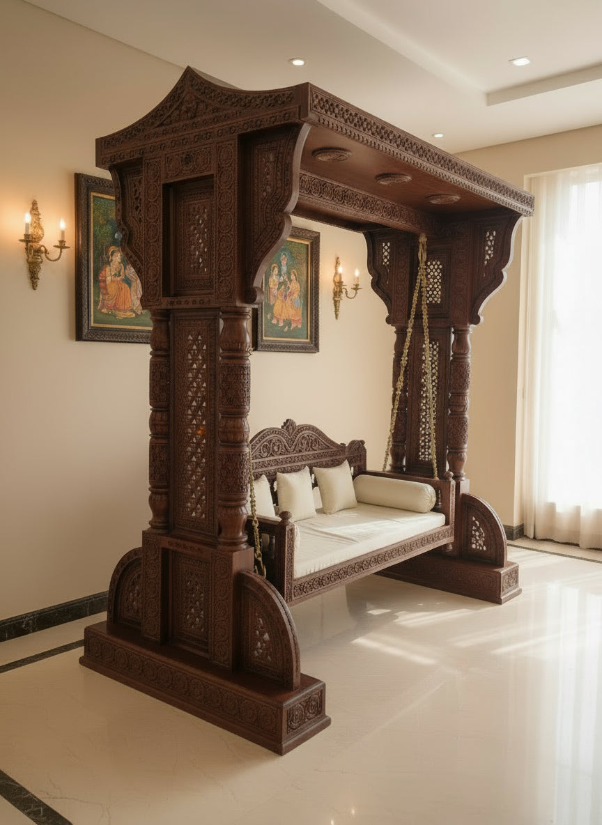 Traditional Indian wooden swing jhula with canopy and cushioned seat