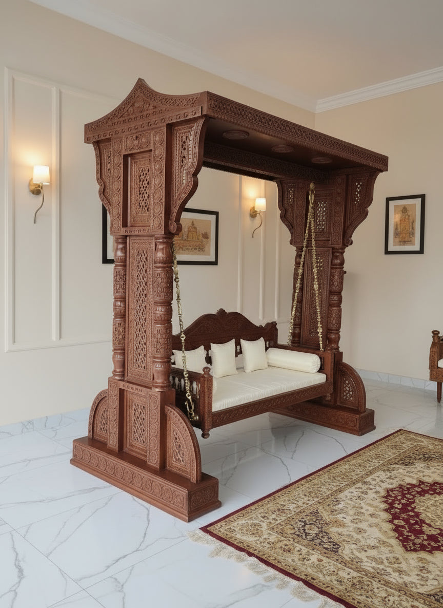 Solid wood jhula swing with brass hanging chains and detailed craftsmanship