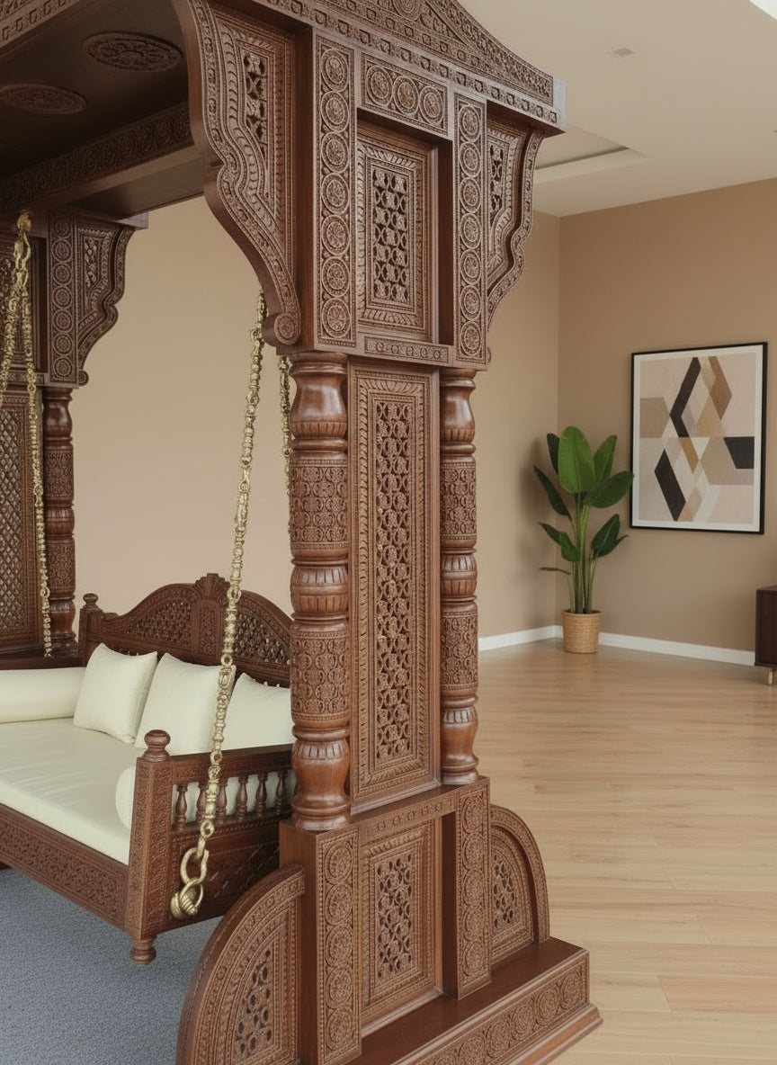 Hand-carved wooden swing with royal arch design and soft seat cushions