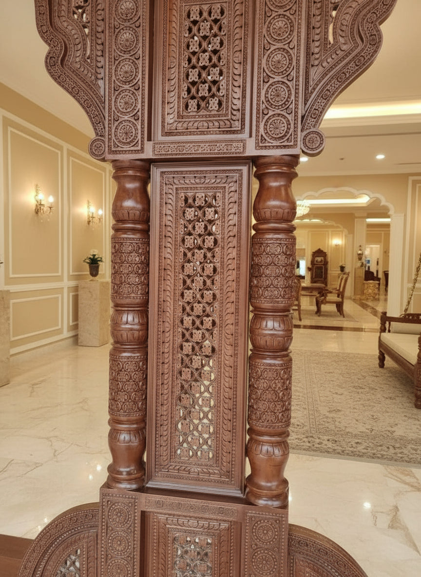 Indoor teak wood swing jhula with traditional pillar structure and canopy top